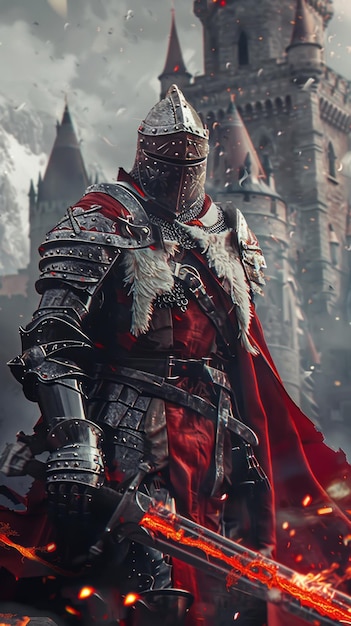 Photo a knight in a red cape is standing in front of a castle