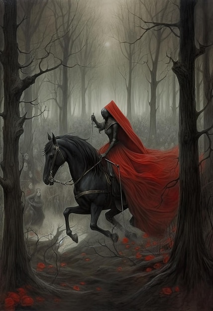 A knight riding a horse in a forest with a red cloak on it.