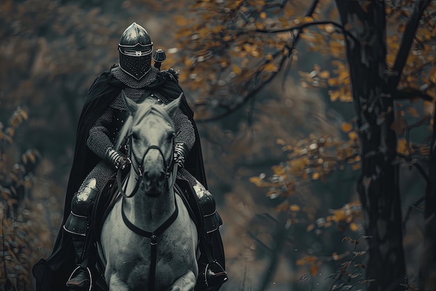 Photo a knight riding a horse through a forest