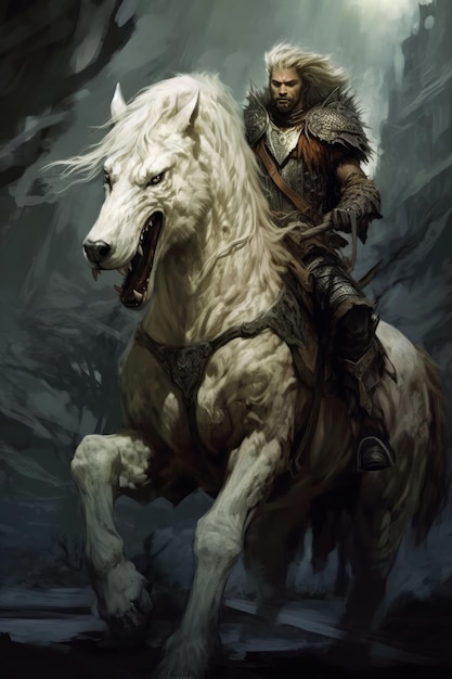 A knight riding a white horse with a man on it.