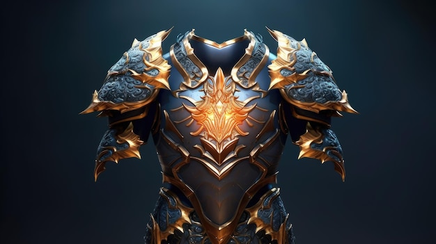 A knight's armor with a gold and blue design.