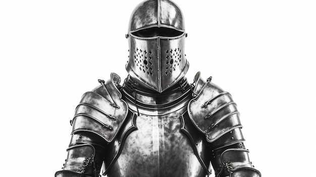 A knight's helmet is shown in black and white.