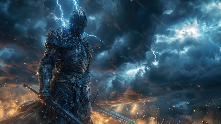 Photo knight in shining armor facing a thunderstorm