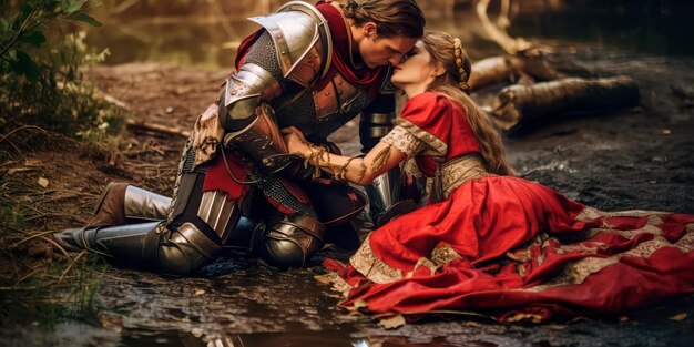 Knight in shining armor rescuing a damsel in distress and falling in love with her Generative AI