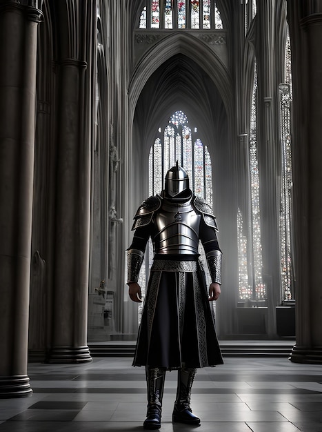 Knight in silver armor in gothic church at sunset cinematic HDR maximum Generative AI Generated