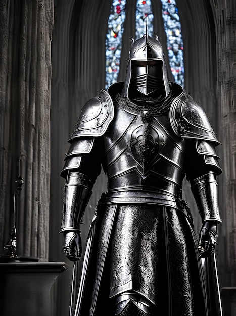 Knight in silver armor inside a gothic church highly detailed cinematic sc Generative AI Generated