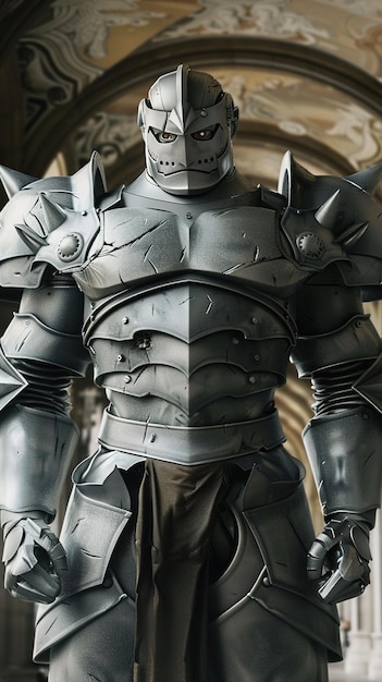 a knight in a silver armor with a shield on the front