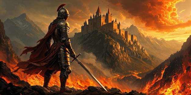 A knight standing on a rocky outcropping gazing at a castle perched on a mountain range under a dramatic sky