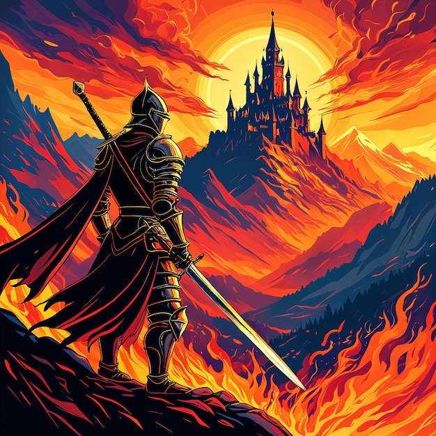 A knight standing on a rocky outcropping with a castle looming in the background set against a dramatic sky filled with clouds and flames