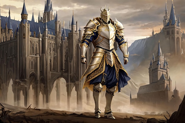 A knight stands on a hill in front of a castle.