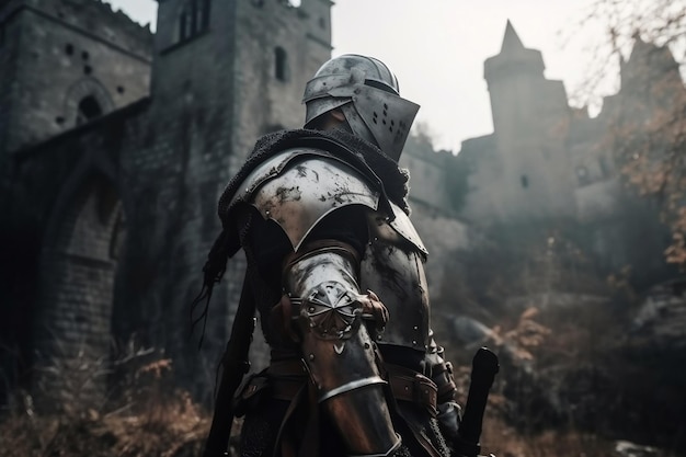 Knight in steel armor standing in old ruined castle generative ai