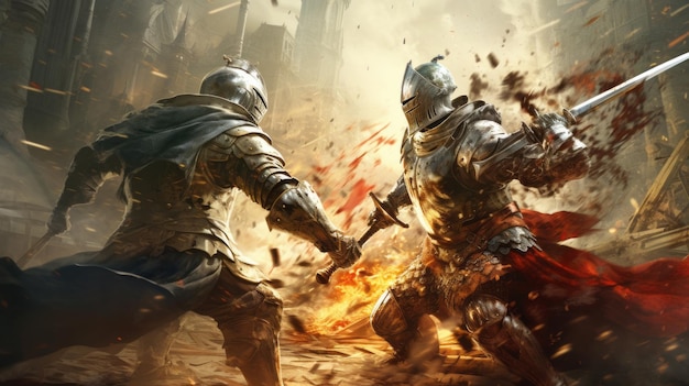 Photo a knight and a sword fight in a battle scene