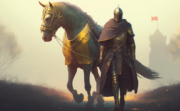 A knight walking a horse with a gold coat and a black hat.