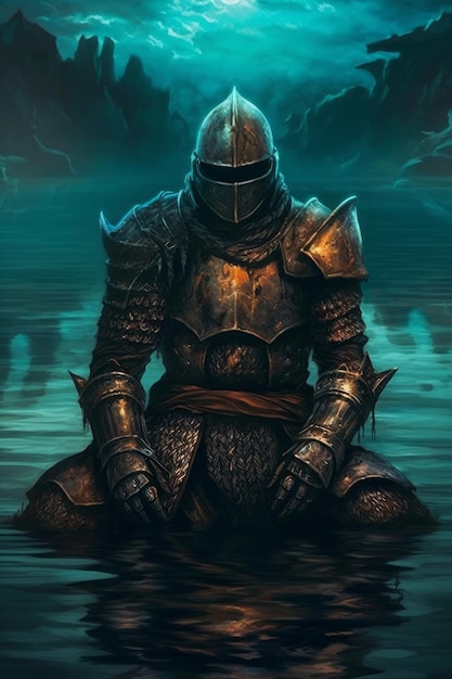 A knight in a water with a dark background.