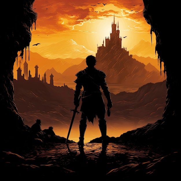 knight with armor and sword on top of a mountain with a castle in the background