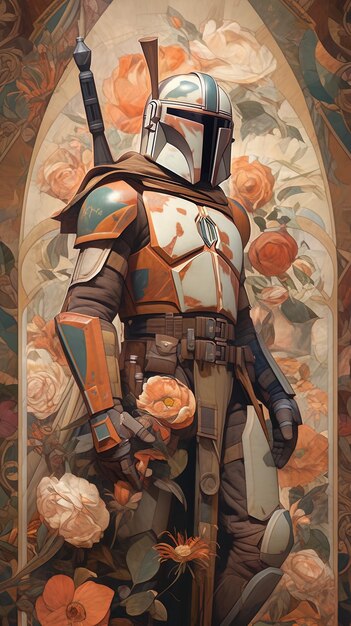 ヘルメットと剣をかぶった騎士が絵に描かれている