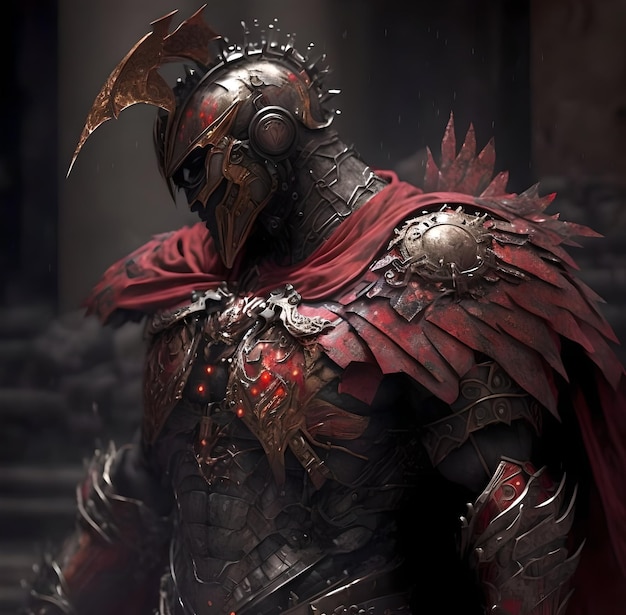 A knight with a red cape and a black helmet with a red feather on it.