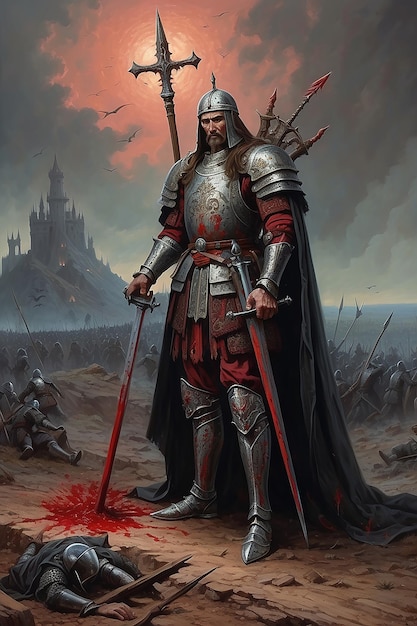 Рыцарь с мечом на поле битвы с темными облаками кровь и боль войны