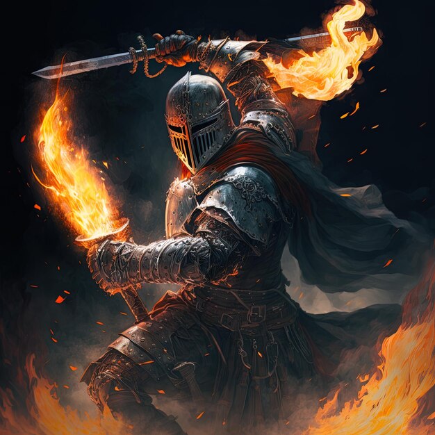 Photo a knight with a sword and a fire