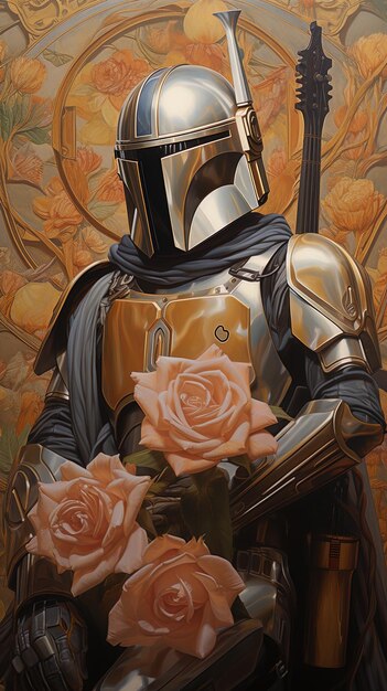 a knight with a sword and roses in front of a wallpapered background