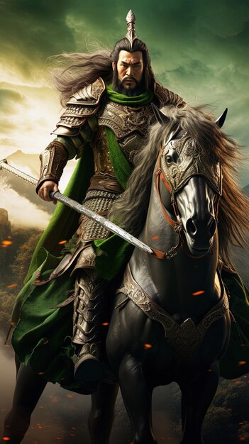 Photo a knight with a sword and shield in his hand is standing next to a horse