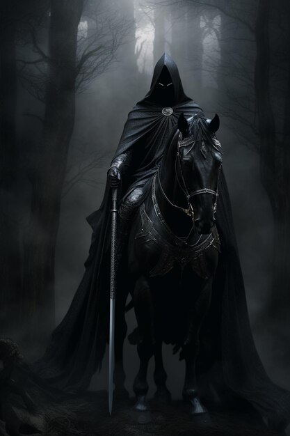 a knight with a sword and shield on his head is standing in a dark forest