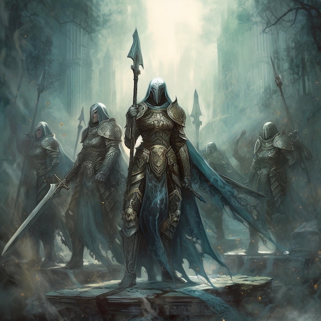 a knight with a sword and shield is standing in front of a group of other knights