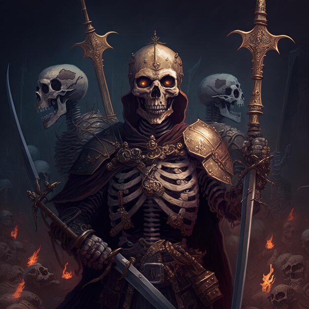 Photo a knight with a sword and swords with three other skulls in the background