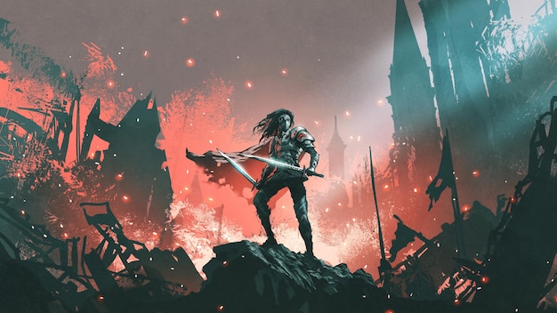 Photo knight with twin swords standing on the rubble of a burnt city, digital art style, illustration painting