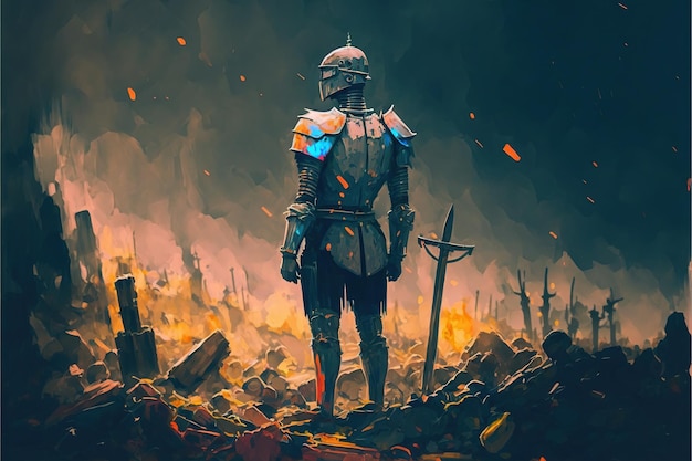 Рыцарь с оружием Рыцарь с двумя мечами стоит на развалинах сожженного города Иллюстрация в стиле цифрового искусства