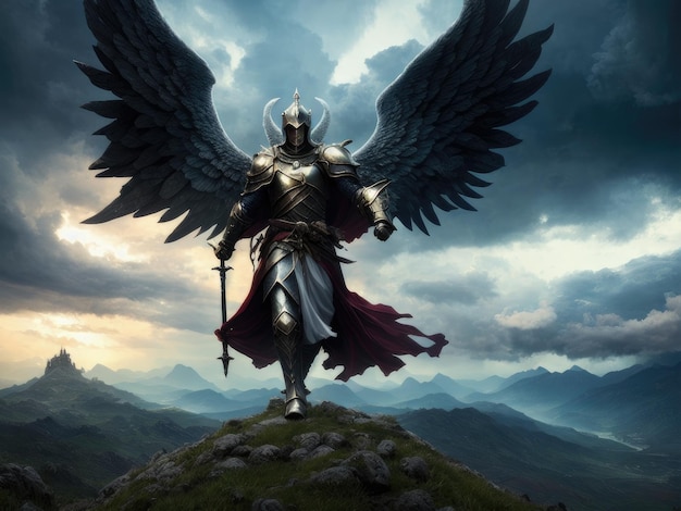 A knight with wings on his head stands on a mountain top.