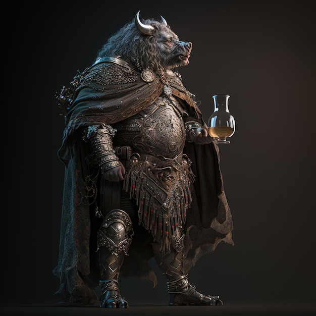 A knight with a wolf on his head holding a glass of whiskey.