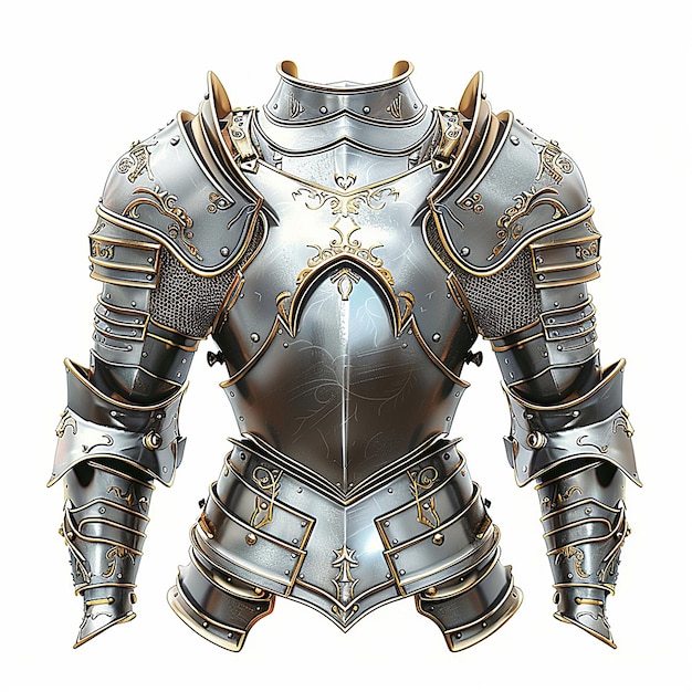 a knights armour with a silver shield and a shield