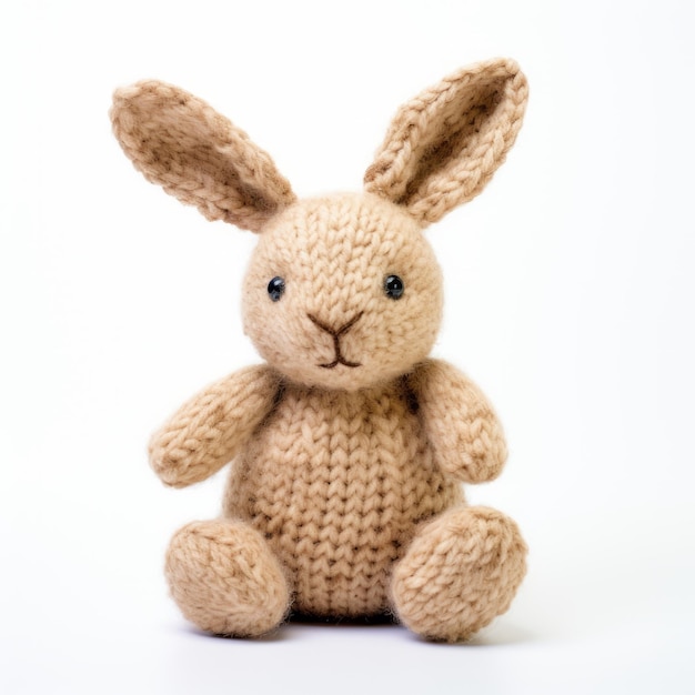 Knitted Brown Bunny With Soft Fur On White Background