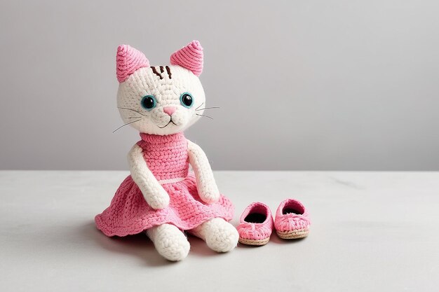 Photo knitted cat toy in a pink dress and shoes sitting over white surface