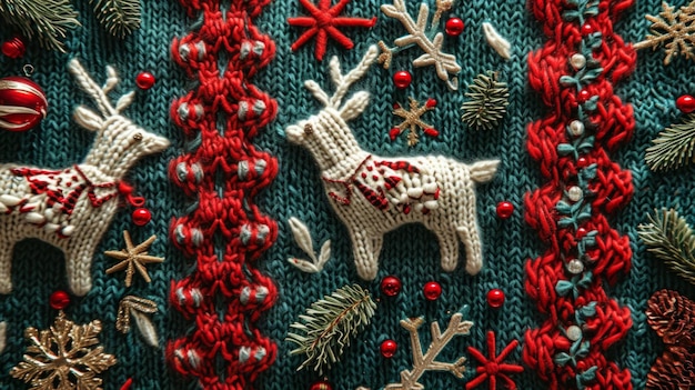 Knitted Christmas and New Year wool pattern Christmas knitted joys Closeup of Sweater