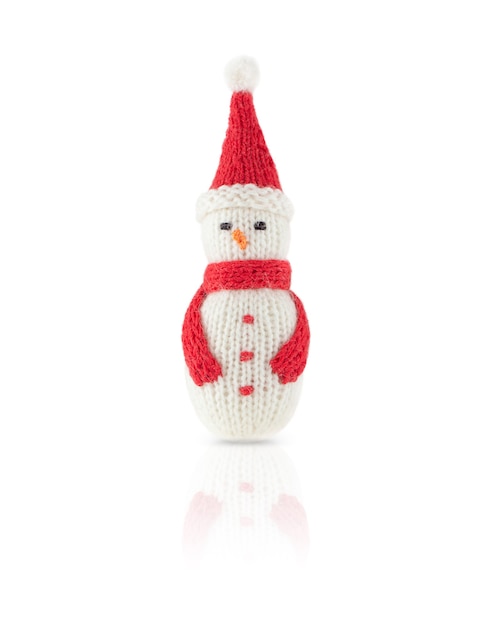 Knitted Christmas snowman in red hat and scarf isolated on white backgroundb