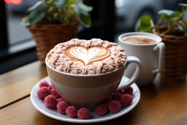 Трикотажный кофе и десерты печенье розы на деревянном столе Генеративный ИИ