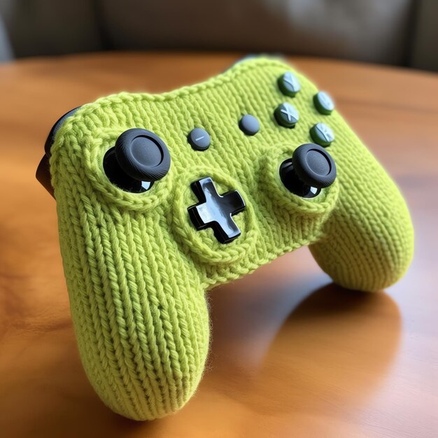 A knitted controller on a table