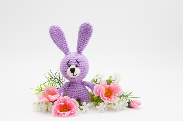 Photo knitted easter decor bunny, flowers, handmade, amigurumi