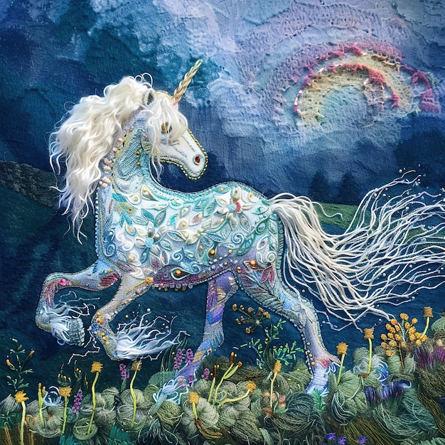 knitted embroidered opalscent magical horse with beautiful grassland knit background