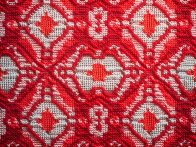 Knitted fabric jacquard texture with red geometric design mosaic crochet pattern