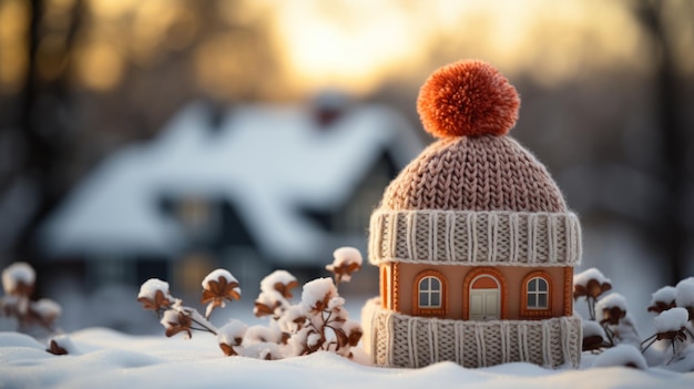 Вязаная шапка в виде домика на фоне зимней деревни.