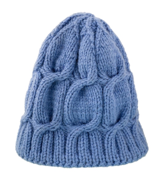 knitted hat, winter cap. warm wool cap handmade blue on a white.