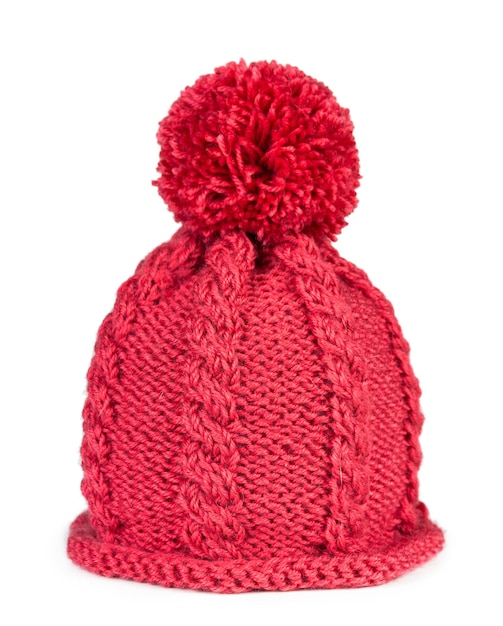 Knitted hat with a pompon isolated on white background