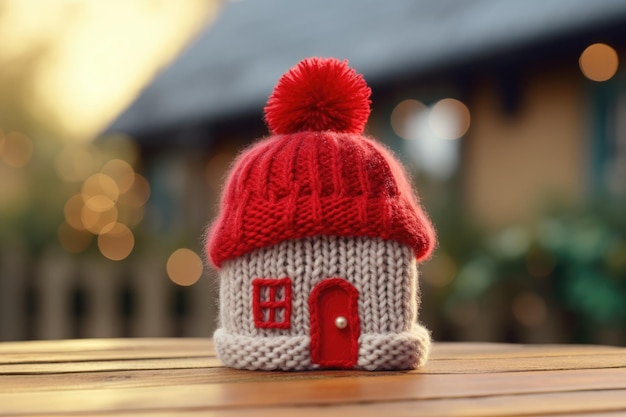 A knitted hat with a red door on the top.