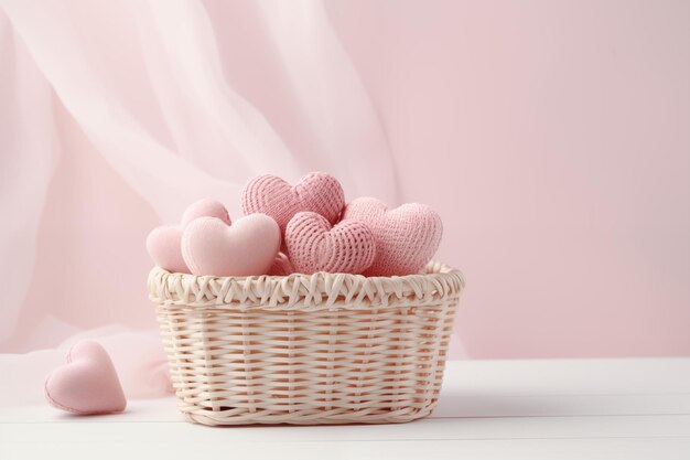 Knitted hearts in a basket pink backdrop