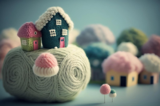 A knitted house with a pink tree on the top.