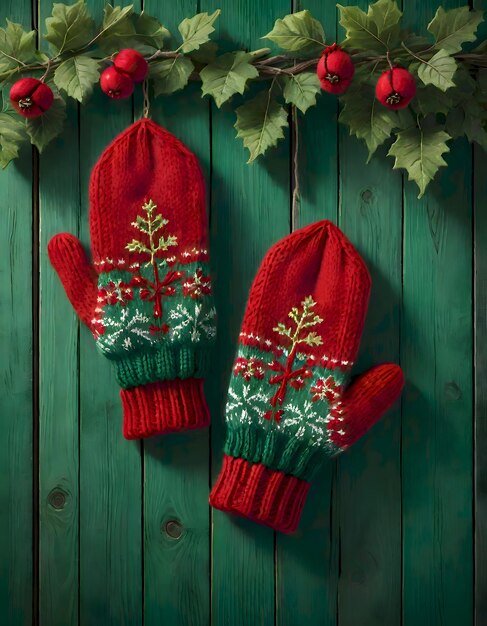 Photo knitted mittens christmas concept