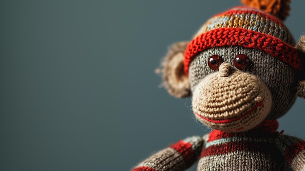 Photo knitted monkey toy wearing a hat and scarf